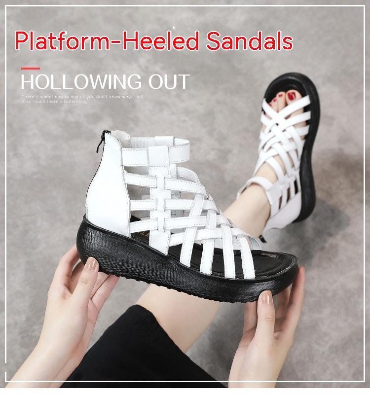 Neue Retro-Keilsandalen im ethnischen Stil für Damen, lässige Sandalen mit Tasche, Stiefel aus Rindsleder, Fischmaul-Sandalen