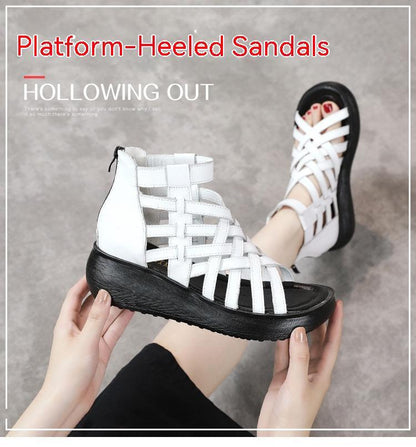 Neue Retro-Keilsandalen im ethnischen Stil für Damen, lässige Sandalen mit Tasche, Stiefel aus Rindsleder, Fischmaul-Sandalen