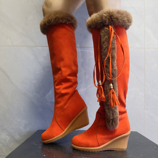 Winter Plüsch Lange Stiefel Für Frauen Kampfstiefel Keile Schuhe
