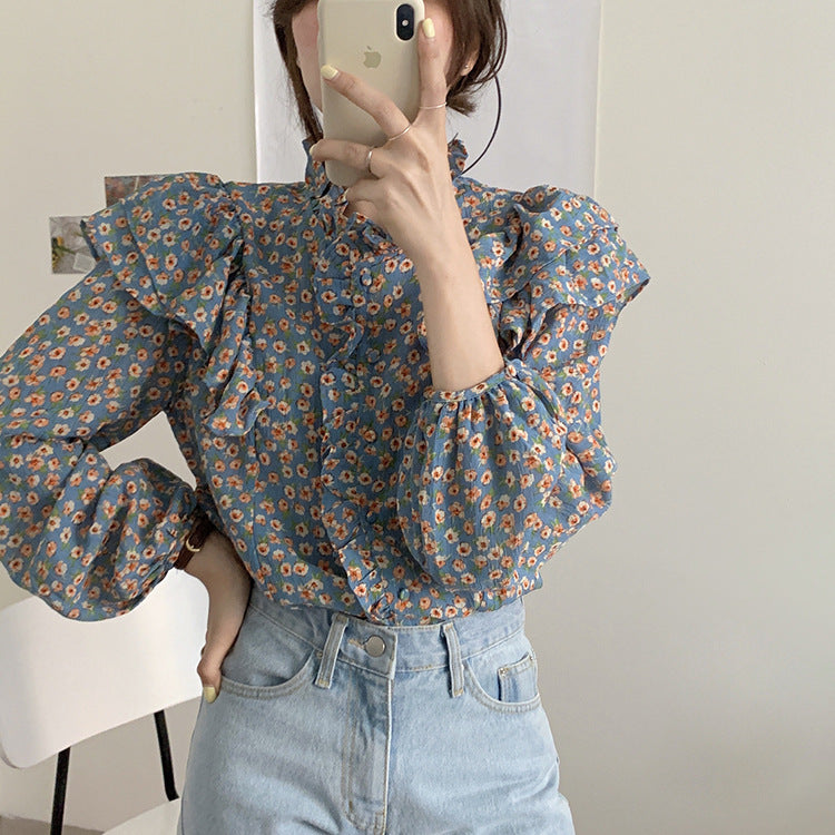 Französische Retro-Bluse mit Blumenmuster für Damen, Holzohr-Shirt für Damen