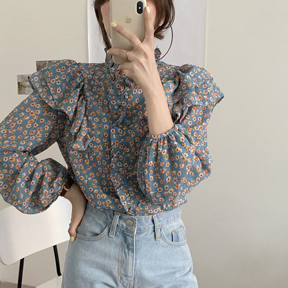 Französische Retro-Bluse mit Blumenmuster für Damen, Holzohr-Shirt für Damen