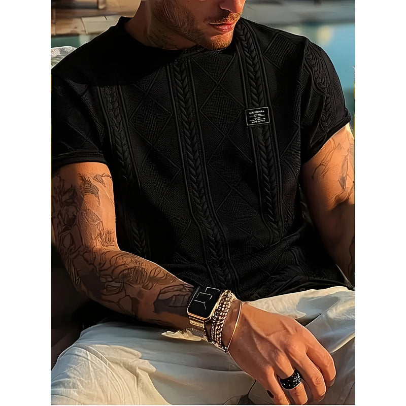 Herren T-Shirt mit Geometrie-Stickerei – Kurzarm, Freizeit, Übergröße