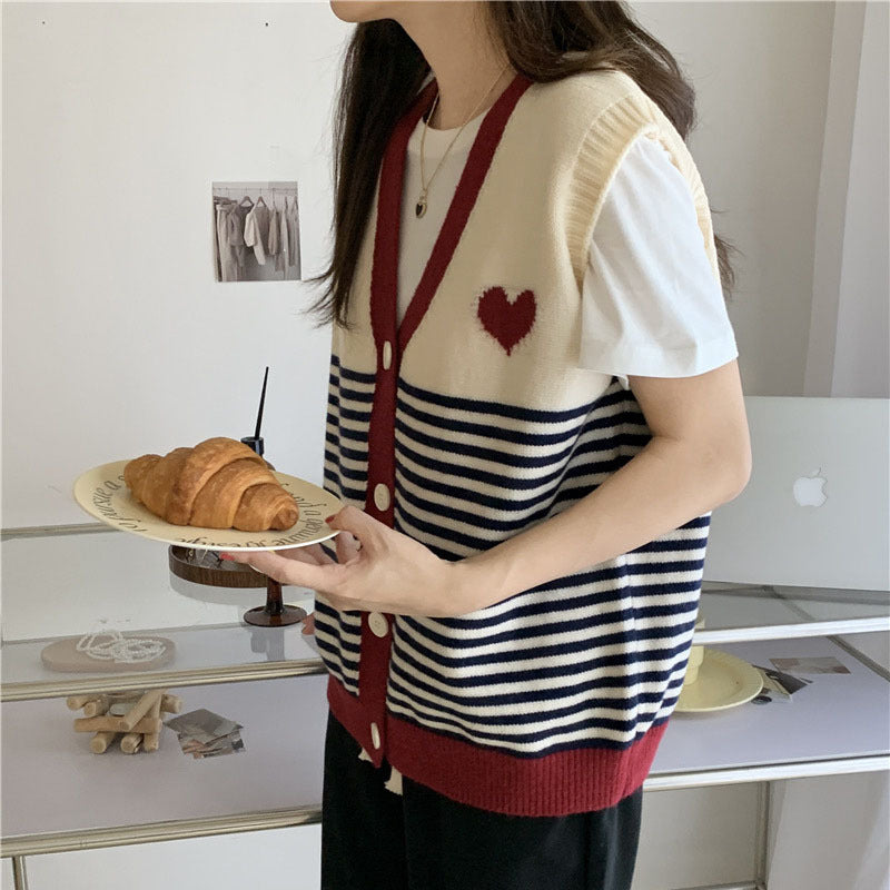Mehrfarbige gestreifte herzförmige Strickweste für Damen Retro-Oberbekleidungsweste für Damen
