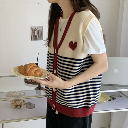 Mehrfarbige gestreifte herzförmige Strickweste für Damen Retro-Oberbekleidungsweste für Damen