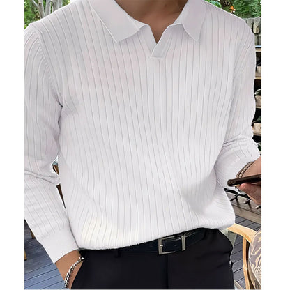 Herren Strickshirt mit Reverskragen – Langarm & Unifarben