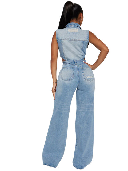 Schmaler Jumpsuit aus elastischem, gewaschenem Denim. Gerader, lockerer Jumpsuit