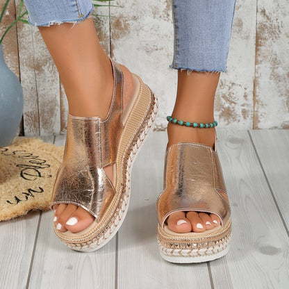 Sommer Glänzende Sandalen Hohl Design Fisch Mund Sandale Für Frauen Mode Schnalle Keile Schuhe