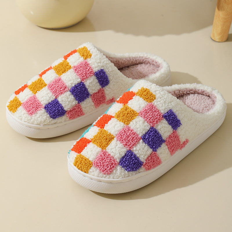 Mode Bunte Schachbrett Hausschuhe Paare Boden Schlafzimmer Slipper Winter Warme Indoor Hausschuhe Für Frauen Und Männer