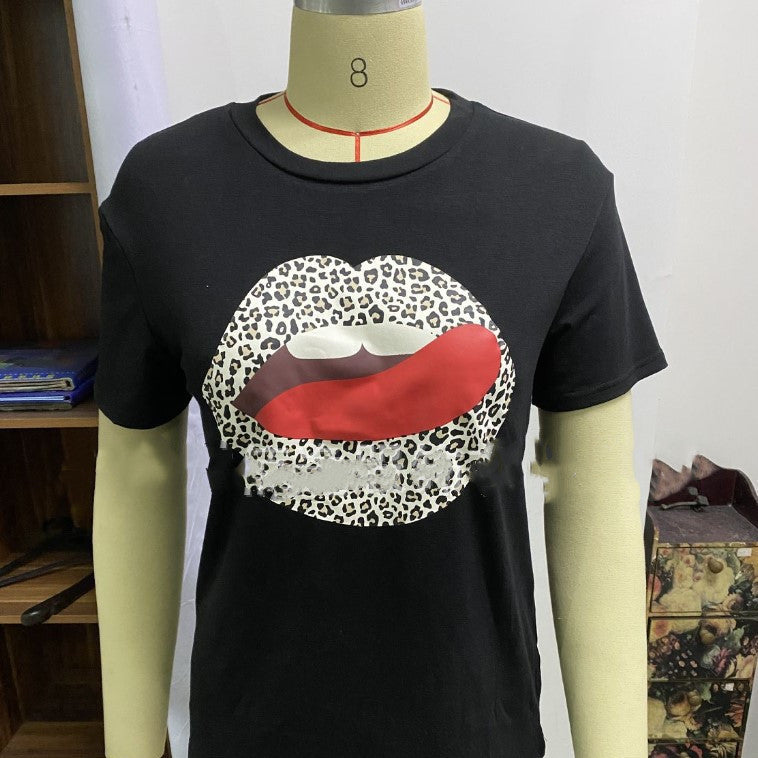 Lippen Leopardenmuster Rundhals Kurzarmshirt Damen