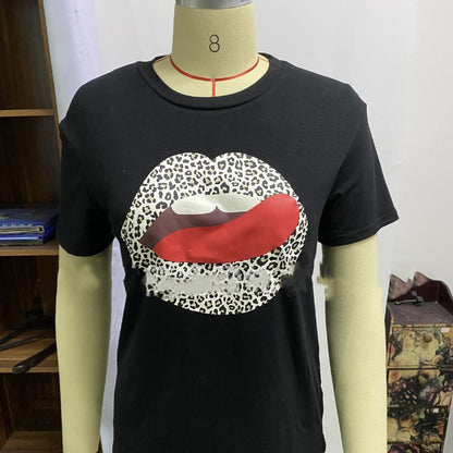 Lippen Leopardenmuster Rundhals Kurzarmshirt Damen