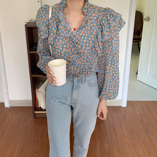 Französische Retro-Bluse mit Blumenmuster für Damen, Holzohr-Shirt für Damen
