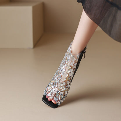 Damen Große Größe Strass Hohl Sommer High Heel Sandalettenstiefel
