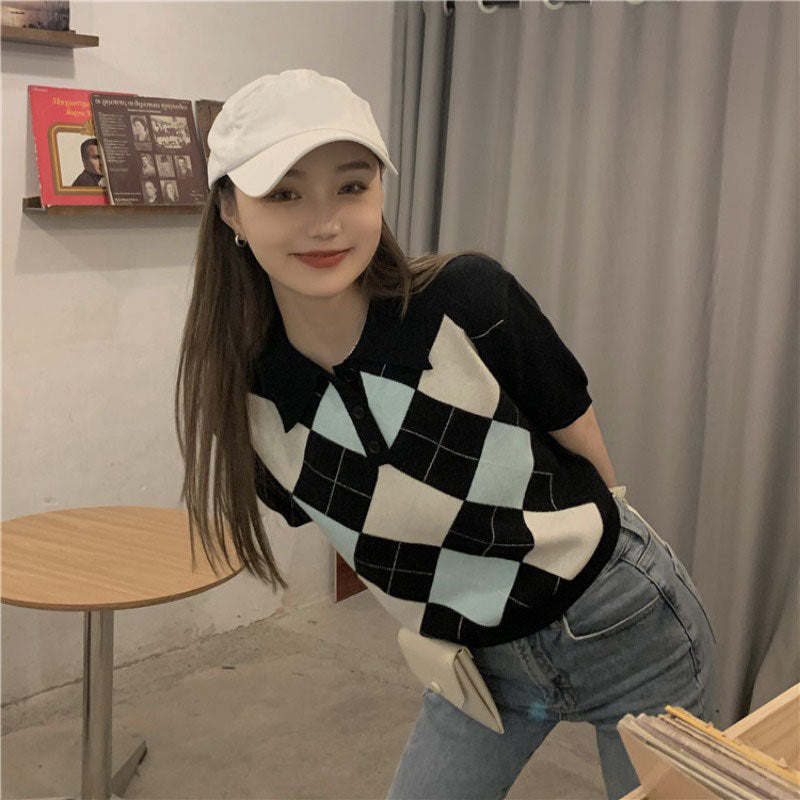Damen-Kurzarmshirt mit Retro-Polokragen und Diamanten