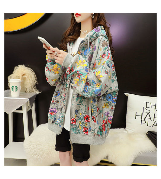 Frauen Plus Samt Dicke Kapuzen Hoodies Casual Lose Blumendruck