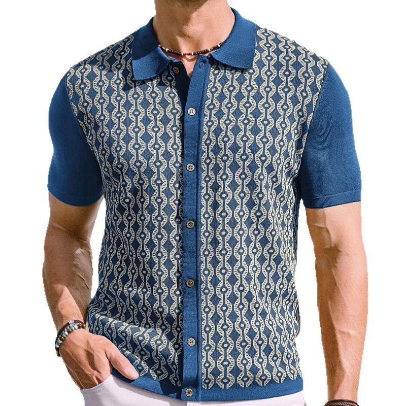 Herren-Sommer-Cardigan aus Tencel mit Jacquardmuster und Polokragen – Kurzarm