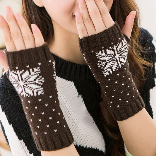 Gestrickte Halbfinger-Schreibhandschuhe für warme Damen mit Schneeflocken-Motiv, Weihnachtsmotiv