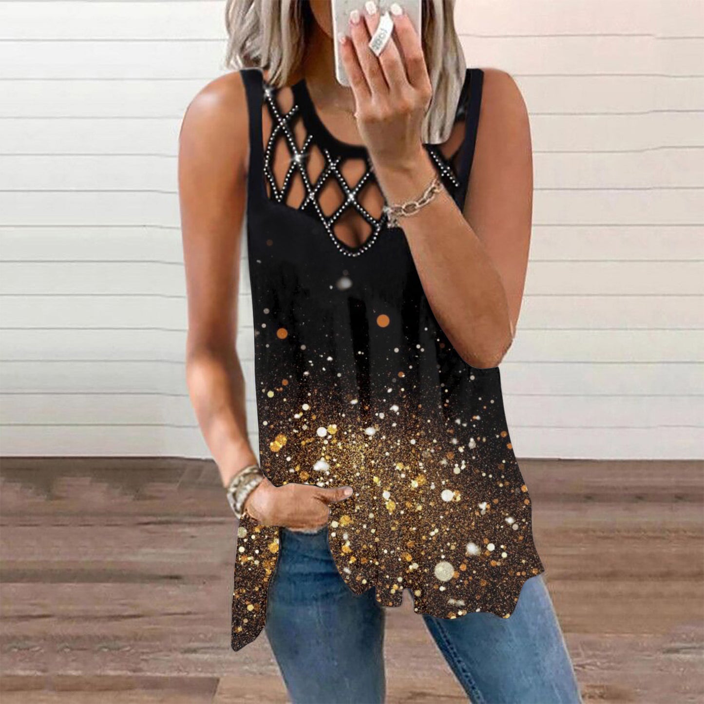 Damen T-Shirt mit ausgehöhltem, heißem, gebohrtem, ärmellosem Weste-Print