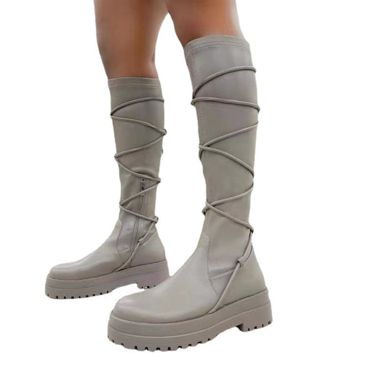 Plateaustiefel mit Schnürung, weiß, lange Cowboystiefel für Damen