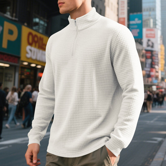 Herren Stehkragen Pullover mit Halbreißverschluss und Karomuster