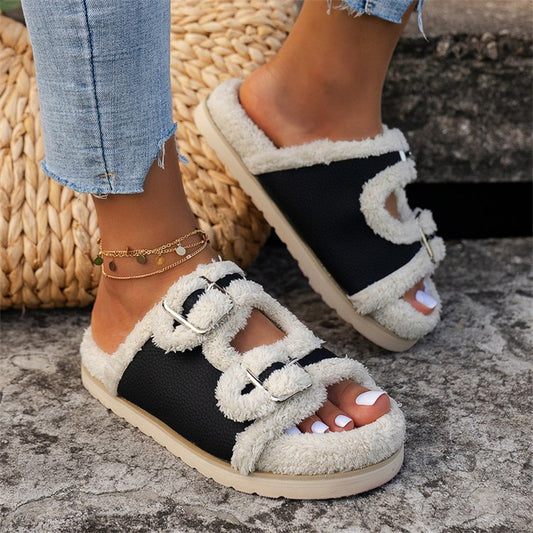 Herbst Winter Slipper Dicke Sohle Schnalle Lammwolle Hausschuhe Für Frauen Outdoor Garten Indoor Faul Plüsch Schuhe