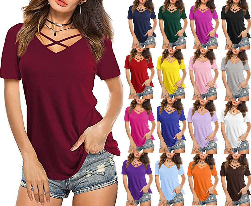 Vorne gekreuzter V-Ausschnitt, kurzärmliges, lockeres T-Shirt für Damen