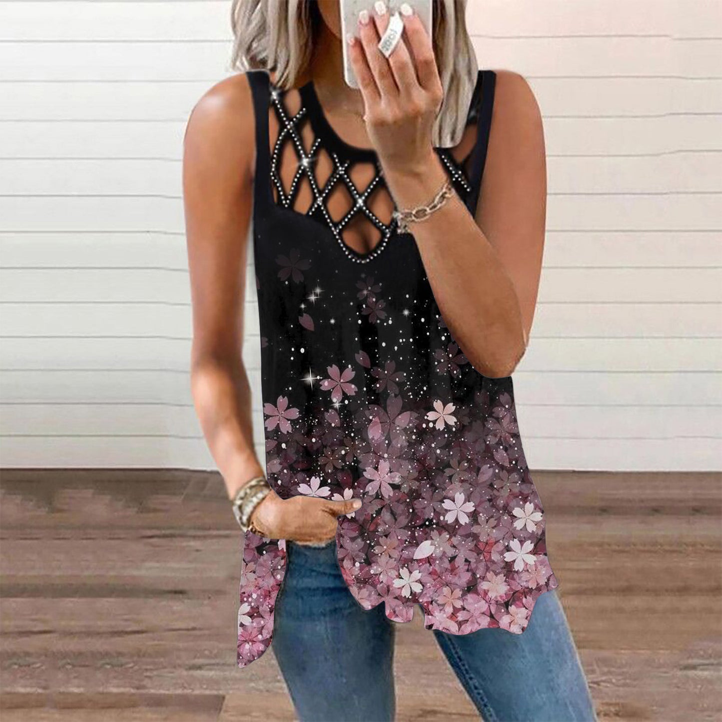 Damen T-Shirt mit ausgehöhltem, heißem, gebohrtem, ärmellosem Weste-Print