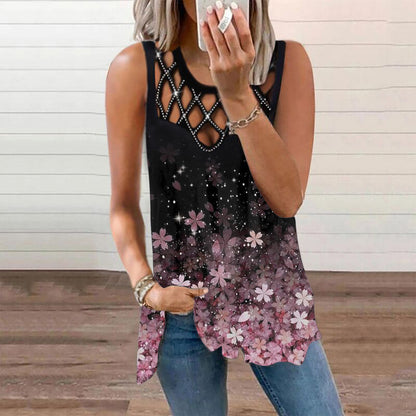 Damen T-Shirt mit ausgehöhltem, heißem, gebohrtem, ärmellosem Weste-Print
