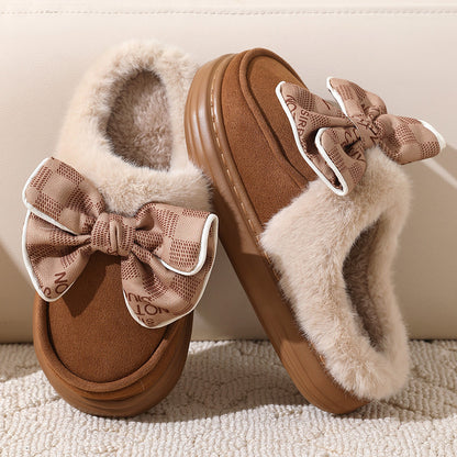 Niedliche Plüschpantoffeln mit Schleife, warm, für den Winter, für den Innenbereich, für das Schlafzimmer, für Damen, modisch, dicke Sohle, solide Hausschuhe