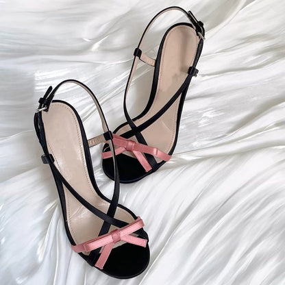 Damen-Sandalen mit offener Zehenpartie und Stiletto-Absatz und Schleife