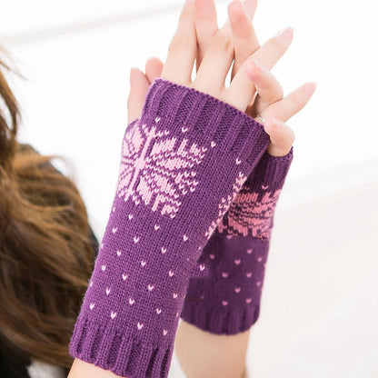 Gestrickte Halbfinger-Schreibhandschuhe für warme Damen mit Schneeflocken-Motiv, Weihnachtsmotiv