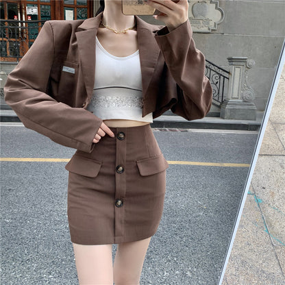 Blazer Hohe Taille A-Linie Rock Kaffee Farbe Hong Kong Stil Anzug Frauen