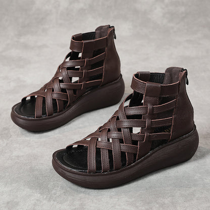 Neue Retro-Keilsandalen im ethnischen Stil für Damen, lässige Sandalen mit Tasche, Stiefel aus Rindsleder, Fischmaul-Sandalen