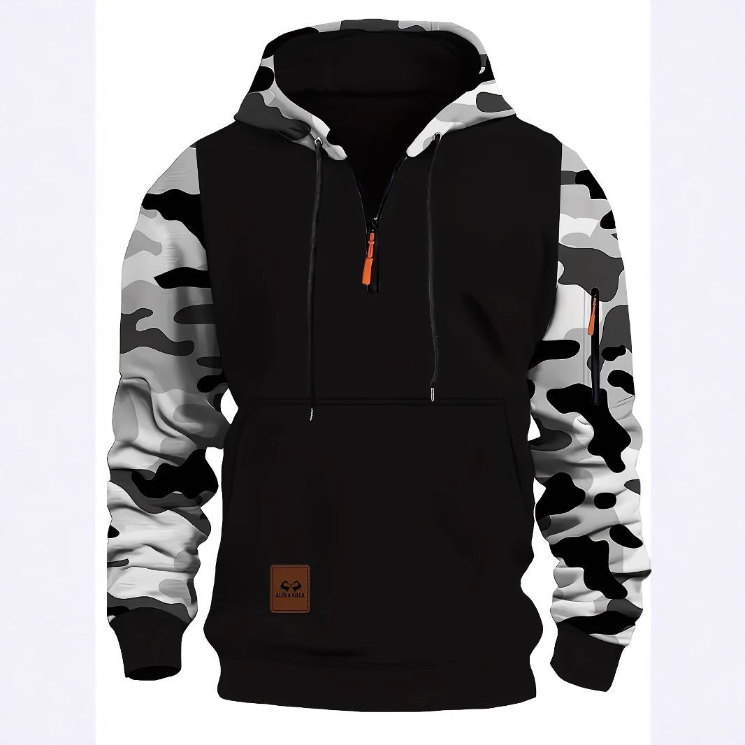 Herren Camouflage Hoodie mit Reißverschluss und Kontrastnähten
