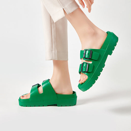 Mode Doppelschnalle Hausschuhe Sommer Plattform Garten Strand Schuhe Casual Non-slip Boden Badezimmer Home Slipper Für Frauen