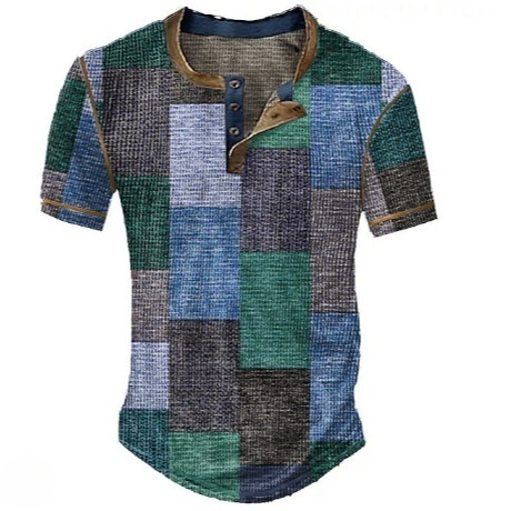 Kurzarm Herren-Henleyshirt mit Farbblock-Print & Waffelstruktur – Jugendlicher Freizeitstil (1+1 Gratis)