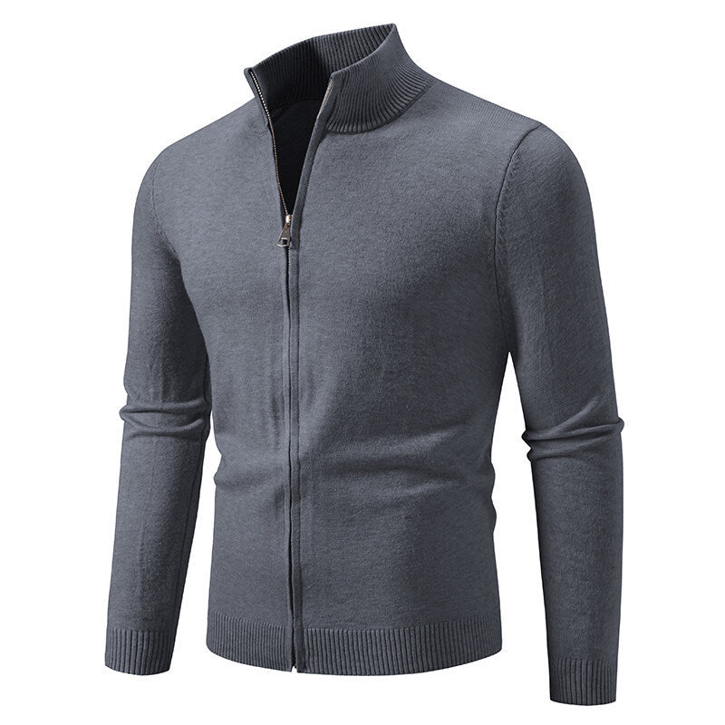 Stand Collar Simple Zipper Solid Color Cardigan Sweater