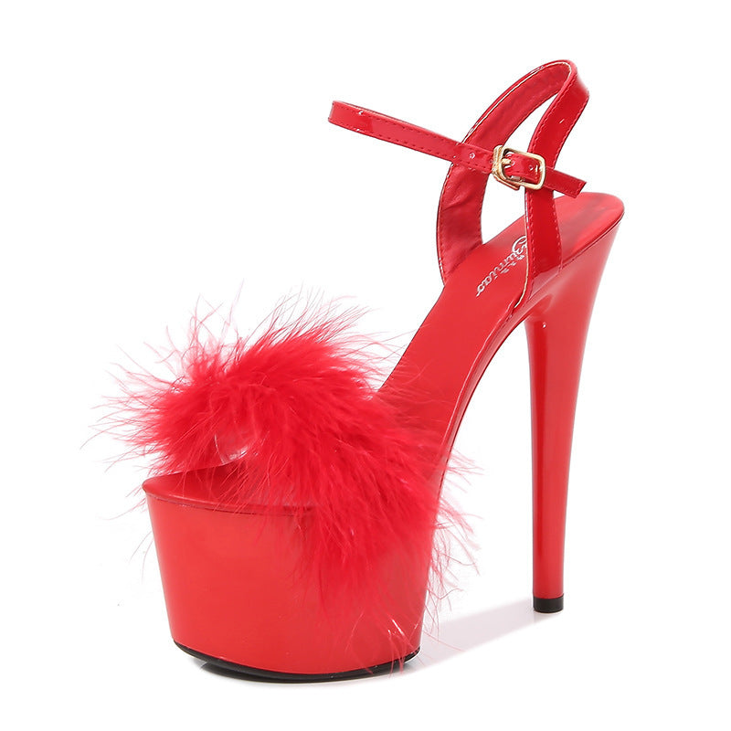 Lackleder Stilettos Plateau Sandalen Pelz High Heels