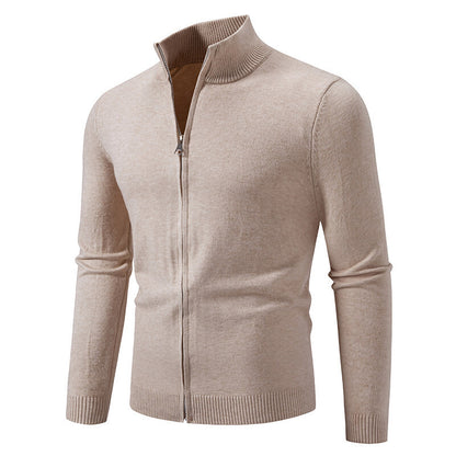 Stand Collar Simple Zipper Solid Color Cardigan Sweater