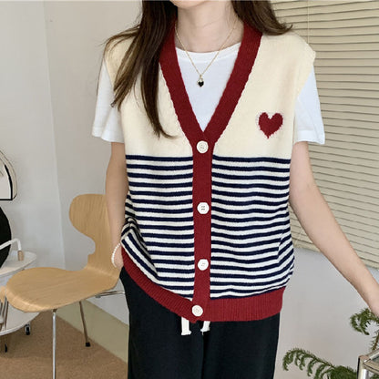 Mehrfarbige gestreifte herzförmige Strickweste für Damen Retro-Oberbekleidungsweste für Damen