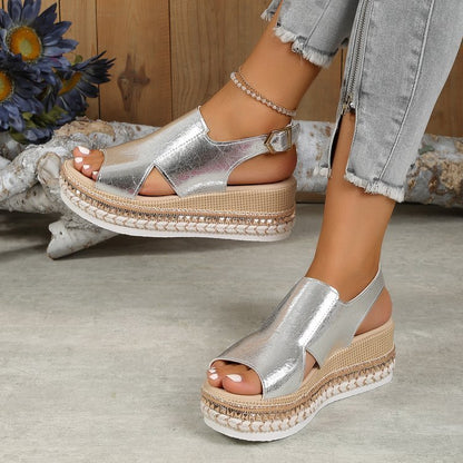 Sommer Glänzende Sandalen Hohl Design Fisch Mund Sandale Für Frauen Mode Schnalle Keile Schuhe