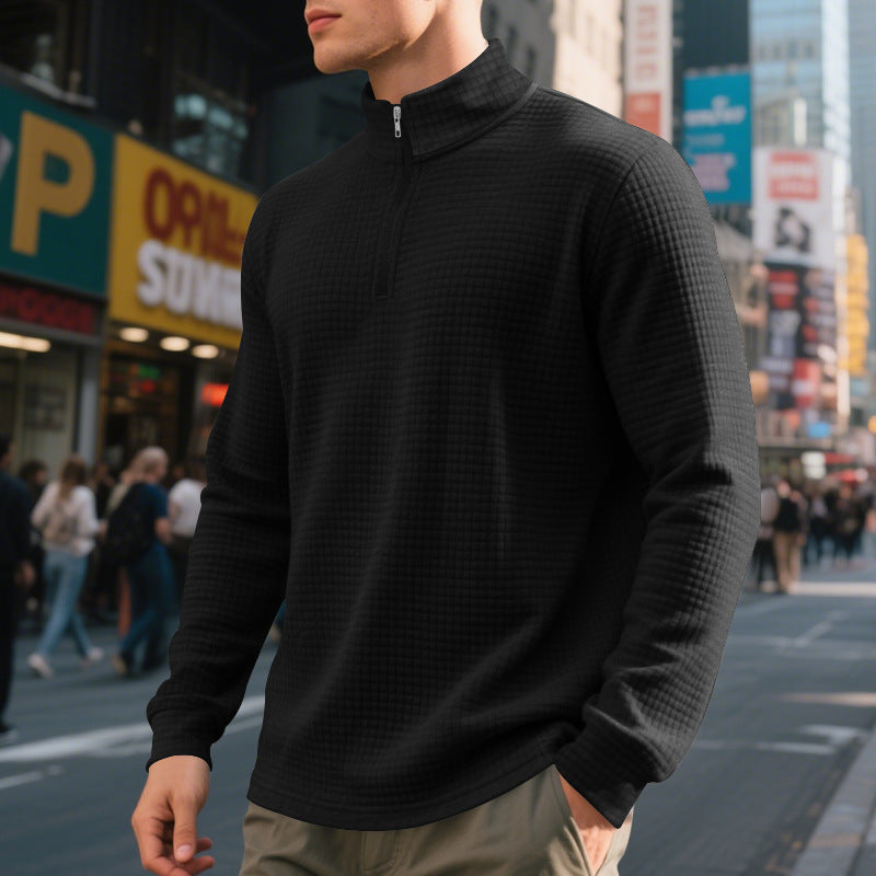 Herren Stehkragen Pullover mit Halbreißverschluss und Karomuster