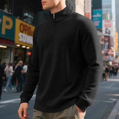 Herren Stehkragen Pullover mit Halbreißverschluss und Karomuster