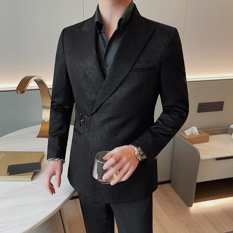 Herren Slim Fit Sakko mit Metallschnalle und Gewehrkragen – Schwarz kariert