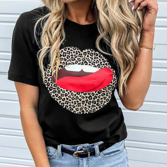 Lippen Leopardenmuster Rundhals Kurzarmshirt Damen
