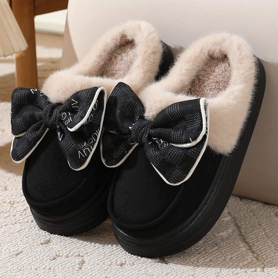 Niedliche Plüschpantoffeln mit Schleife, warm, für den Winter, für den Innenbereich, für das Schlafzimmer, für Damen, modisch, dicke Sohle, solide Hausschuhe