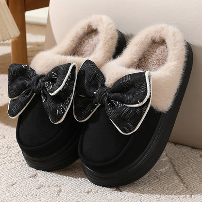 Niedliche Plüschpantoffeln mit Schleife, warm, für den Winter, für den Innenbereich, für das Schlafzimmer, für Damen, modisch, dicke Sohle, solide Hausschuhe