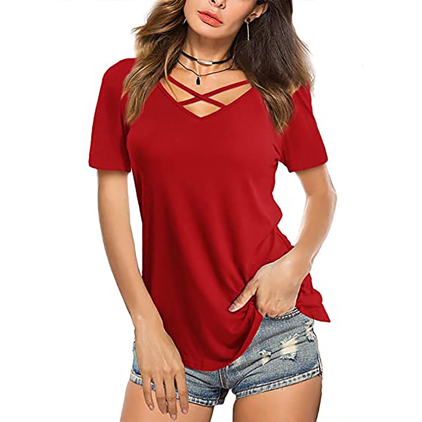 Vorne gekreuzter V-Ausschnitt, kurzärmliges, lockeres T-Shirt für Damen