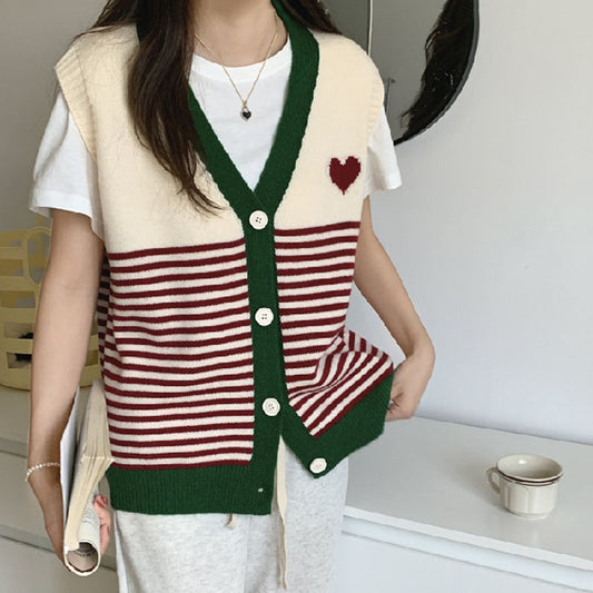 Mehrfarbige gestreifte herzförmige Strickweste für Damen Retro-Oberbekleidungsweste für Damen