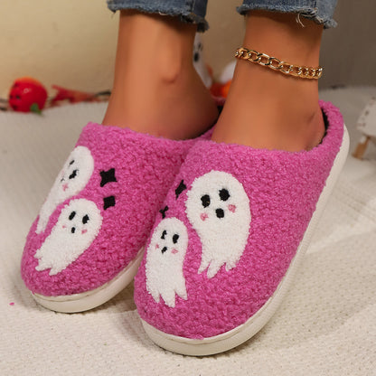 Halloween Cartoon Ghost Baumwoll-Hausschuhe für Damen, rutschfest, für den Innenbereich, Schlafzimmer, Boden, Hausschuhe, Winterschuhe
