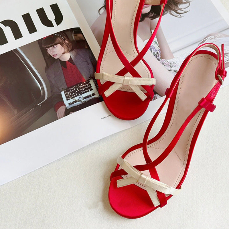 Damen-Sandalen mit offener Zehenpartie und Stiletto-Absatz und Schleife